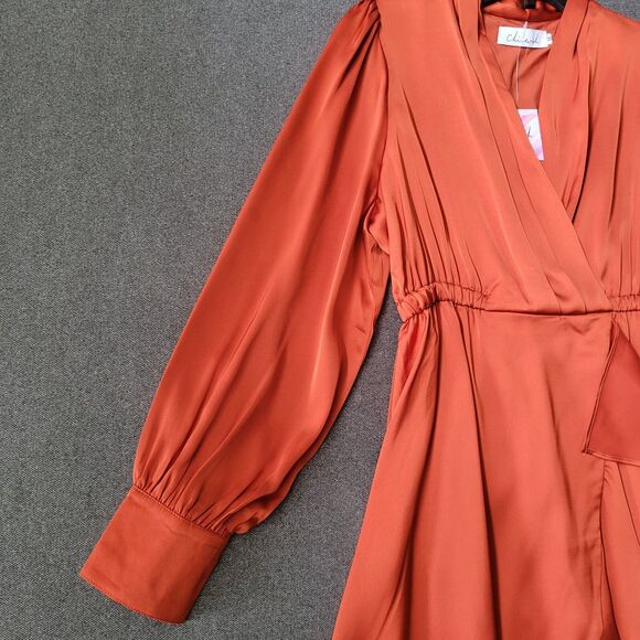 Chicwish M Rust Asymmetric Faux Wrap Ruffle Hem Satin Dress 711 - Picture 7 of 13